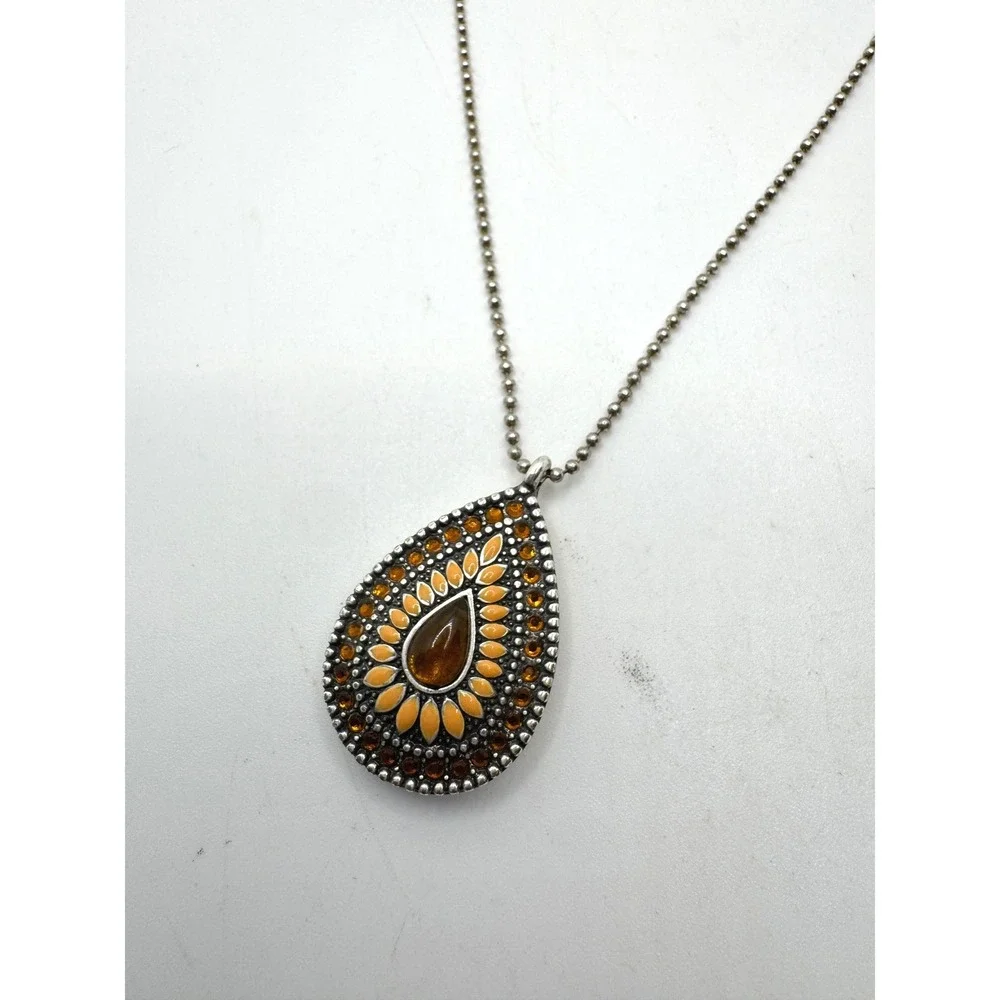 Sterling Silver 925 Italy Amber Enamel Teardrop Boho Ball Chain Necklace 18